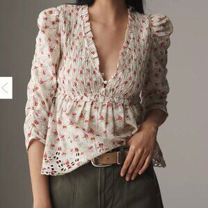 Anthropologie Ruched-Sleeve Smocked Blouse Floral Roses Size XL NEW